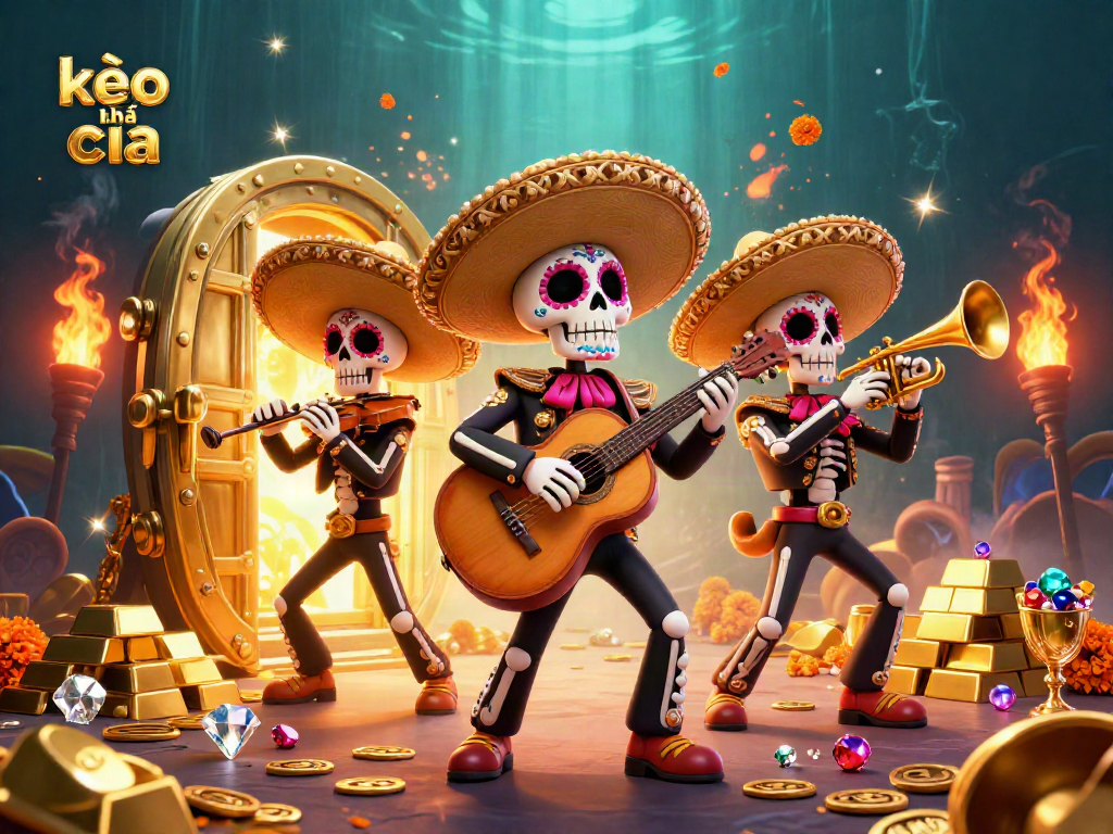 Experience thrilling kèo nhà cái action with vibrant mariachi band surrounded by treasures.