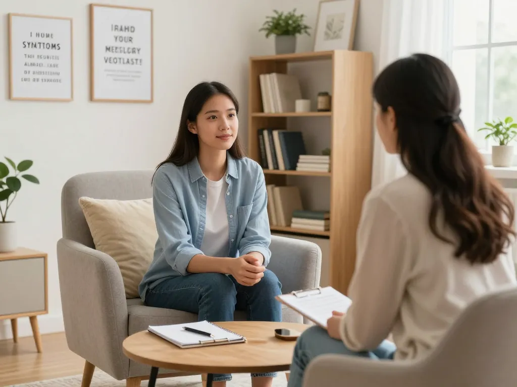 Therapy session focused on ADHD, featuring a mental health professional and young adult in a cozy setting.