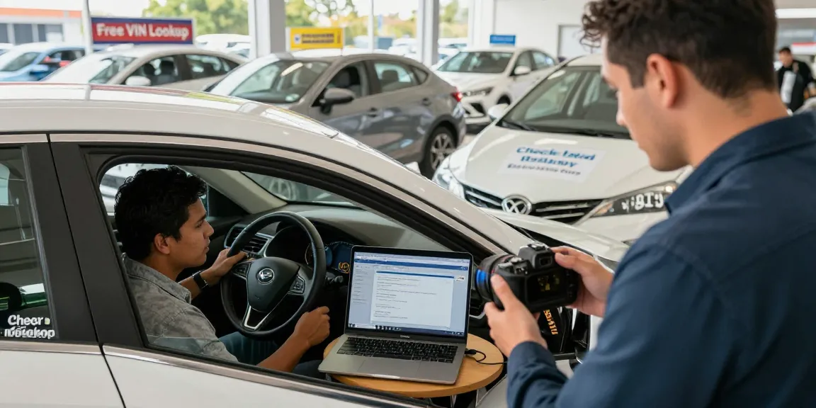 Buyer checking vehicle history with vin lookup at used car dealership.