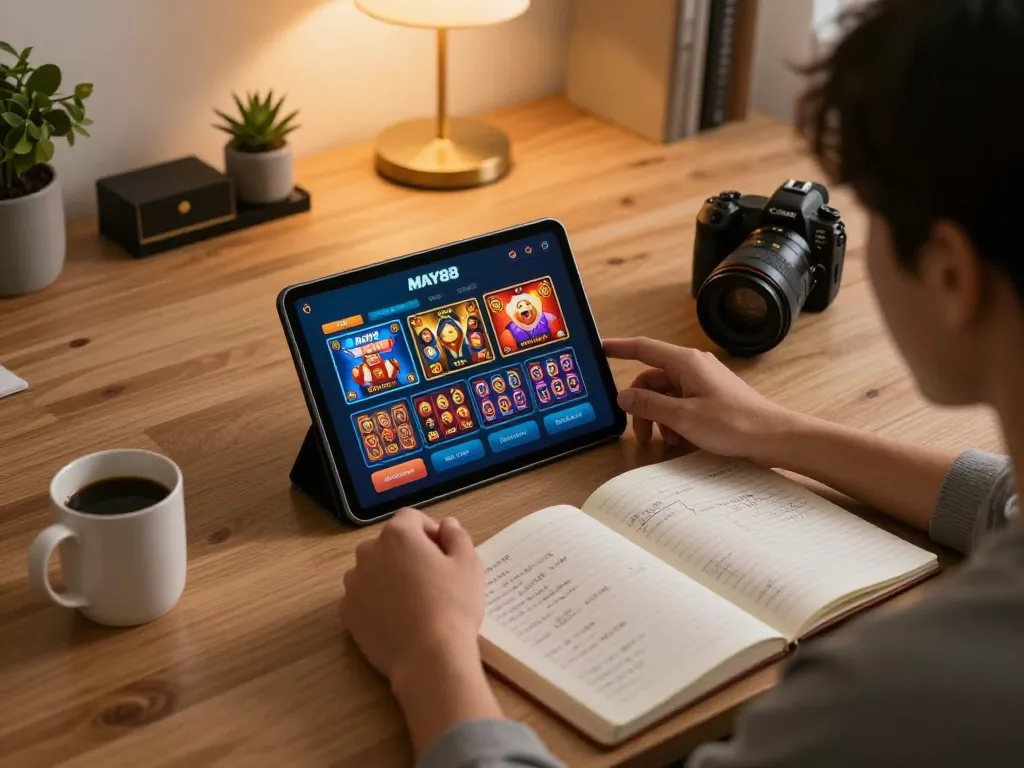 MAY88 user navigating online casino games on a tablet at home with cozy decor.