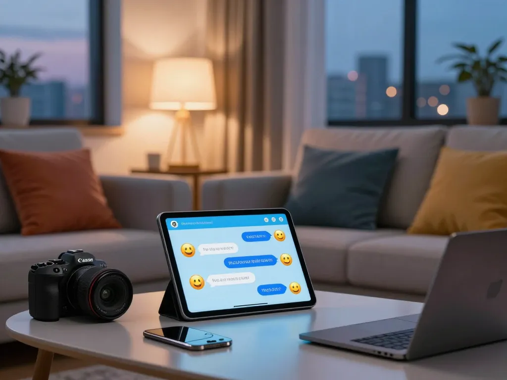 Engaging free ai sex chat session on a tablet in a cozy living room with warm lighting.