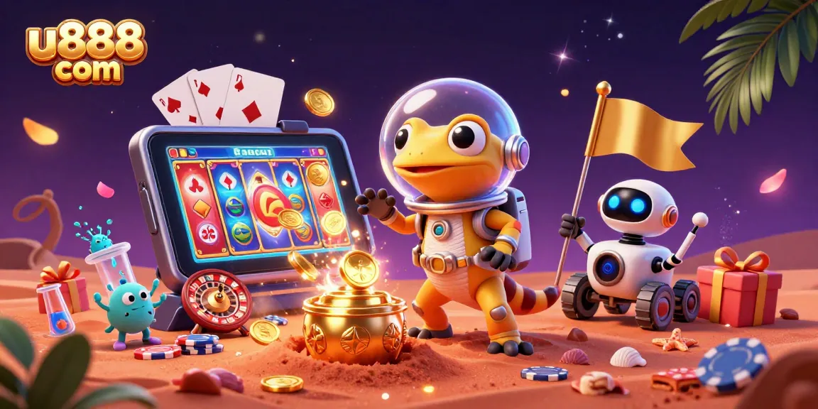 Experience the excitement of u888 com with a Martian gecko discovering a golden casino in this vibrant 3D illustration.