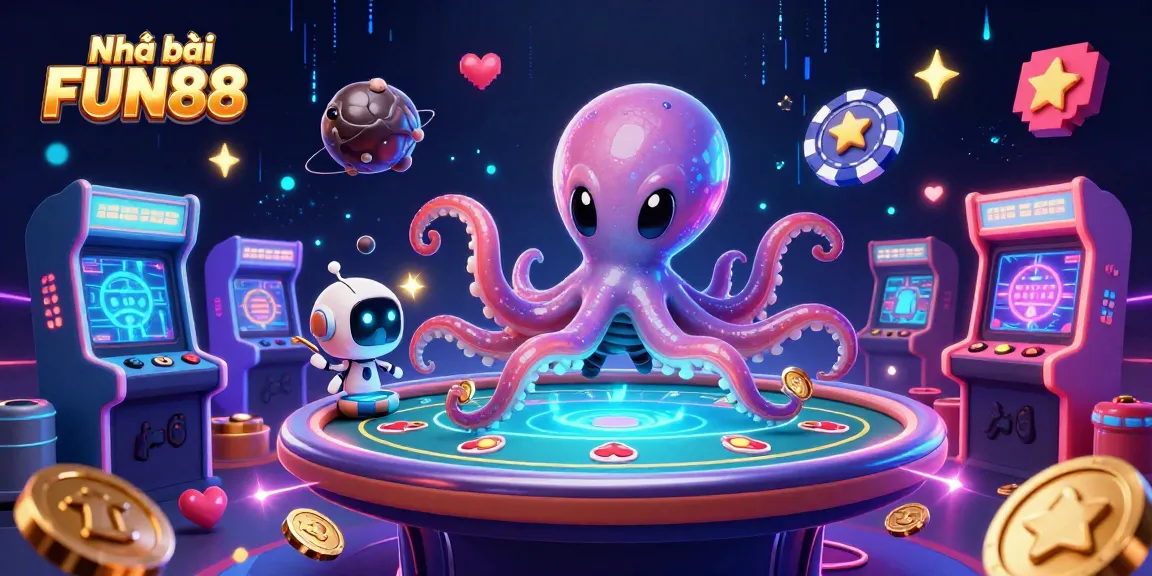 Engage with Nhà cái FUN88 through an exciting interactive digital casino scene featuring holographic poker and vibrant gaming elements.