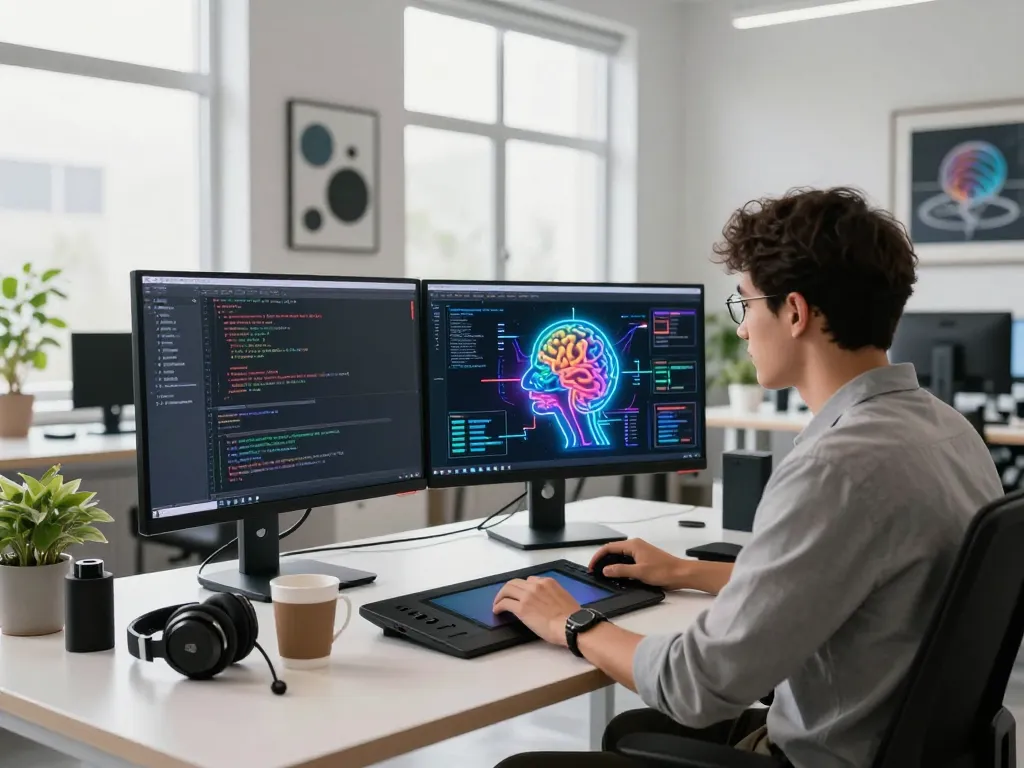 AI software development scene with mind control ai visualization on dual monitors, showcasing a tech-driven workspace.