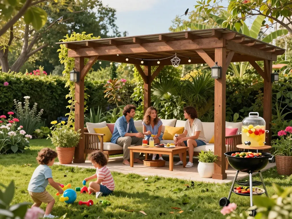 Custom pergola configurator scene featuring a cheerful family barbecue under a beautifully crafted pergola.