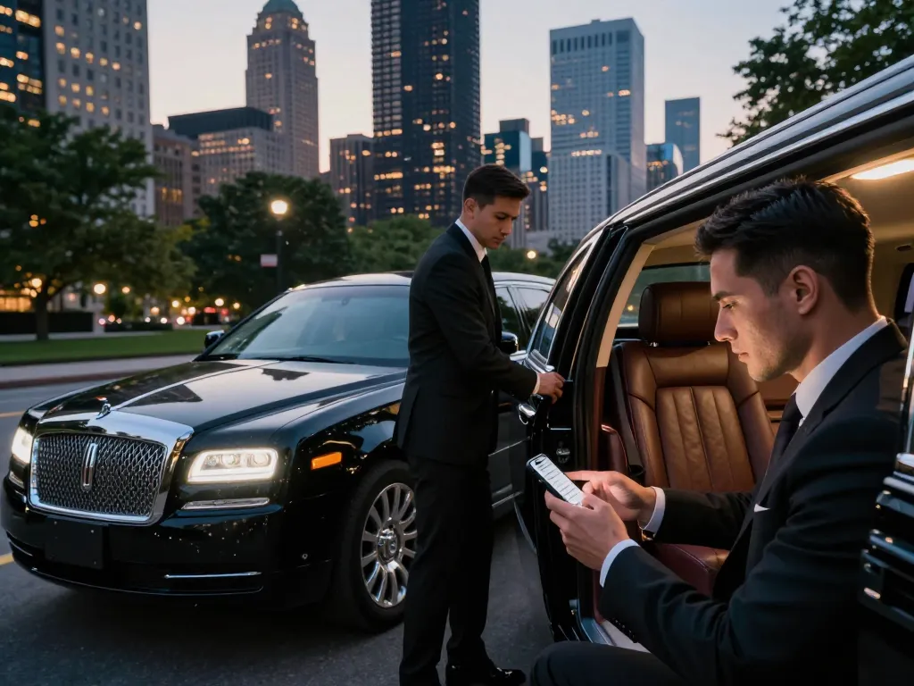 Naperville limousine service with a professional chauffeur assisting a business executive in a Lincoln Continental against the Chicago skyline.
