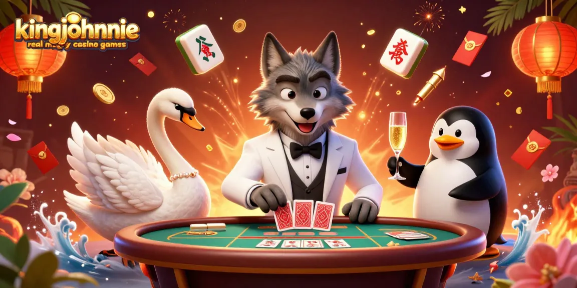 Engage in kingjohnnie real money casino games featuring a wolf, swan, and penguin at a vibrant baccarat table.