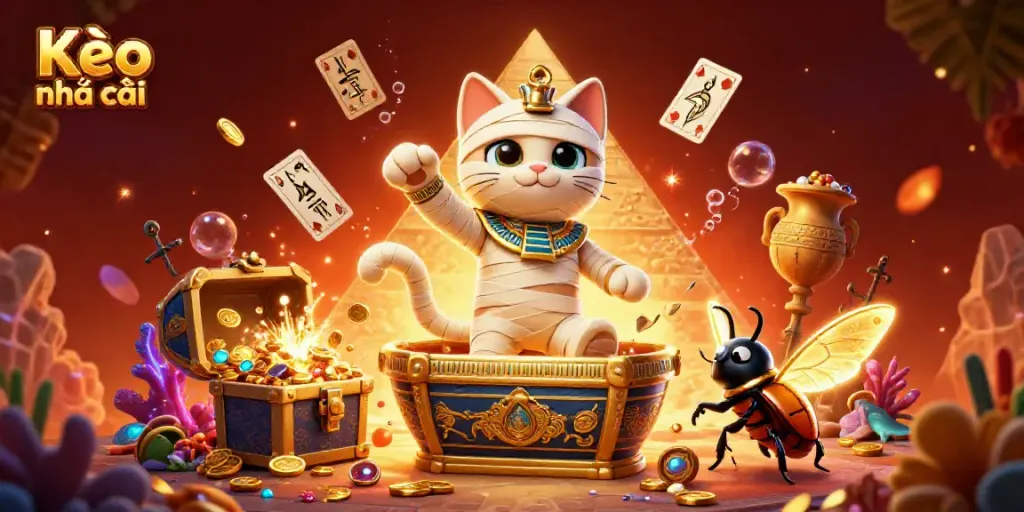 Engage with Kèo nhà cái in this dynamic casino scene featuring a mummy cat and scarab beetle.