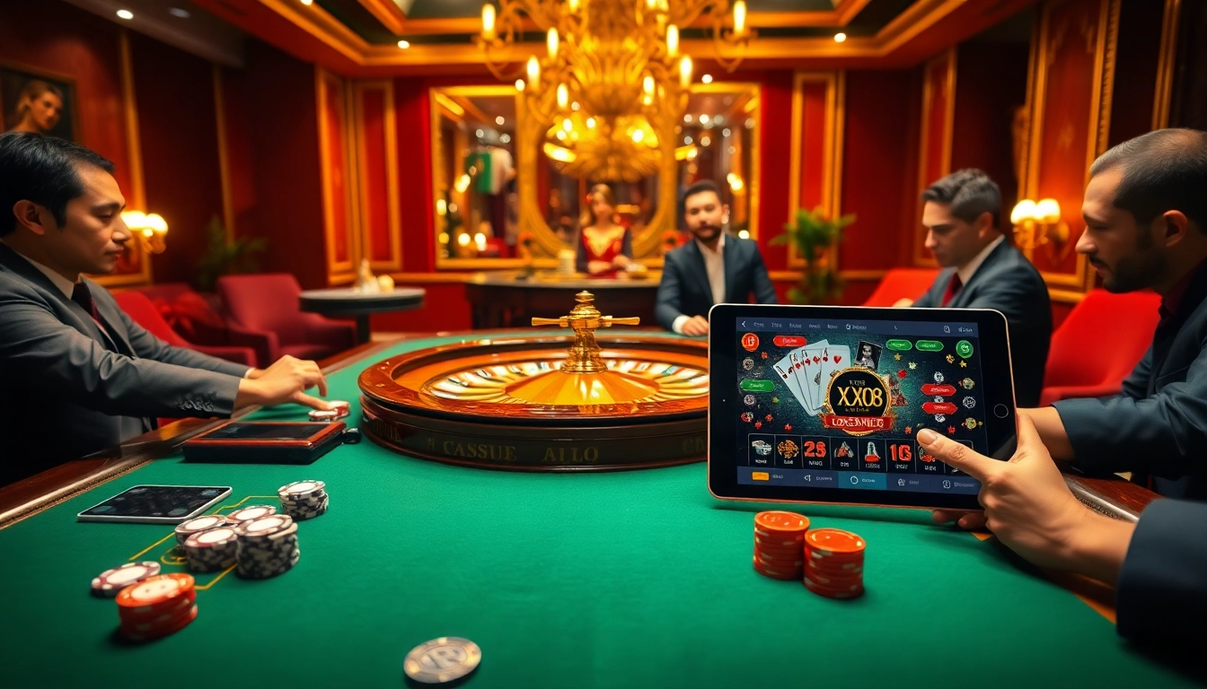 Players engaging in high-stakes gambling at XX88's luxurious casino tables.