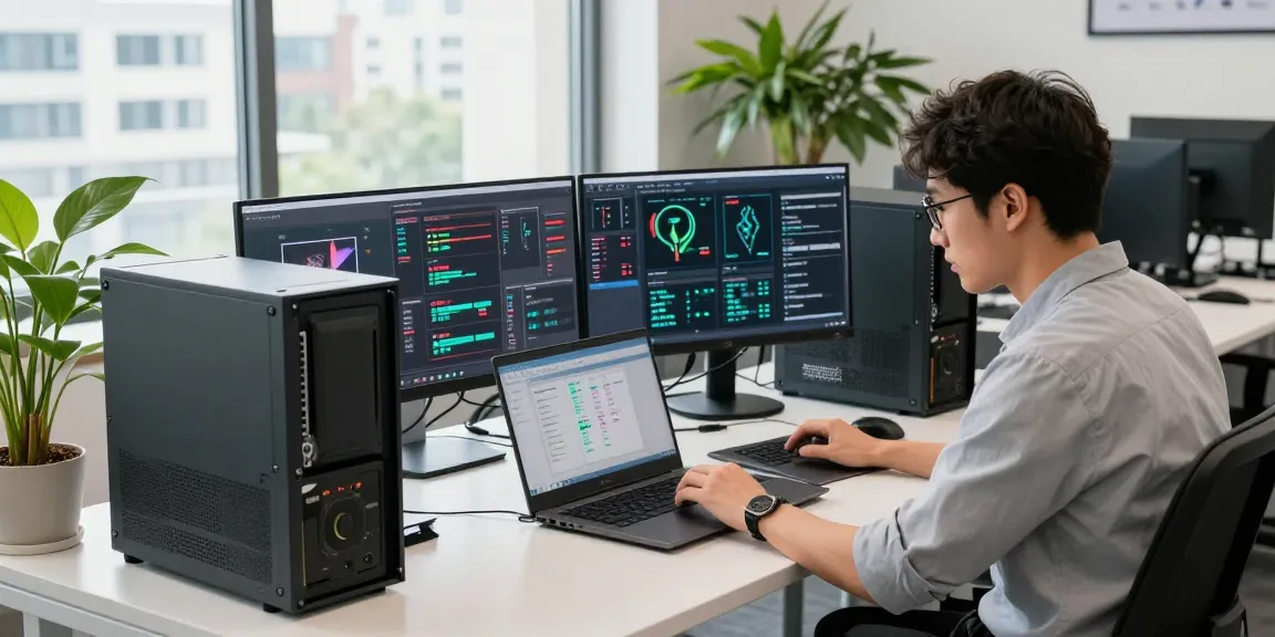 Professional evaluating refurbished PC options in a modern workspace