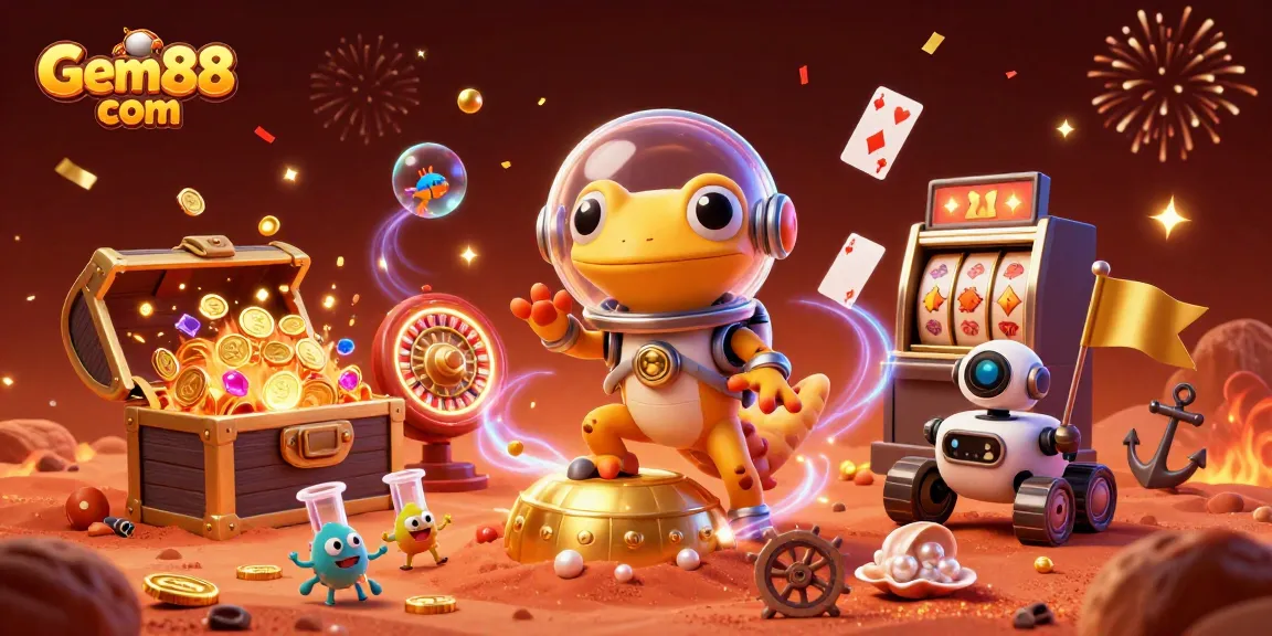 Join the excitement at Gem88 com with a vibrant scene featuring a 3D cartoon Martian gecko and thrilling casino elements.