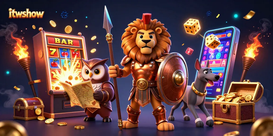 Experience the excitement of slots with itwshow, featuring a dynamic 3D scene of characters and vibrant casino elements.