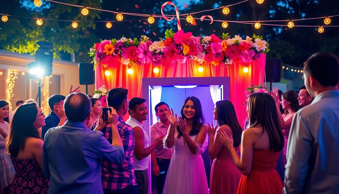 Guests enjoying a photo booth rental at a vibrant wedding reception.