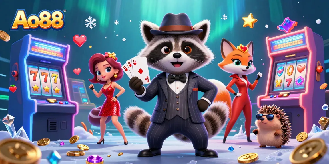 Experience winning thrills at Ao88 with a suave raccoon and fox in a vibrant casino scene.