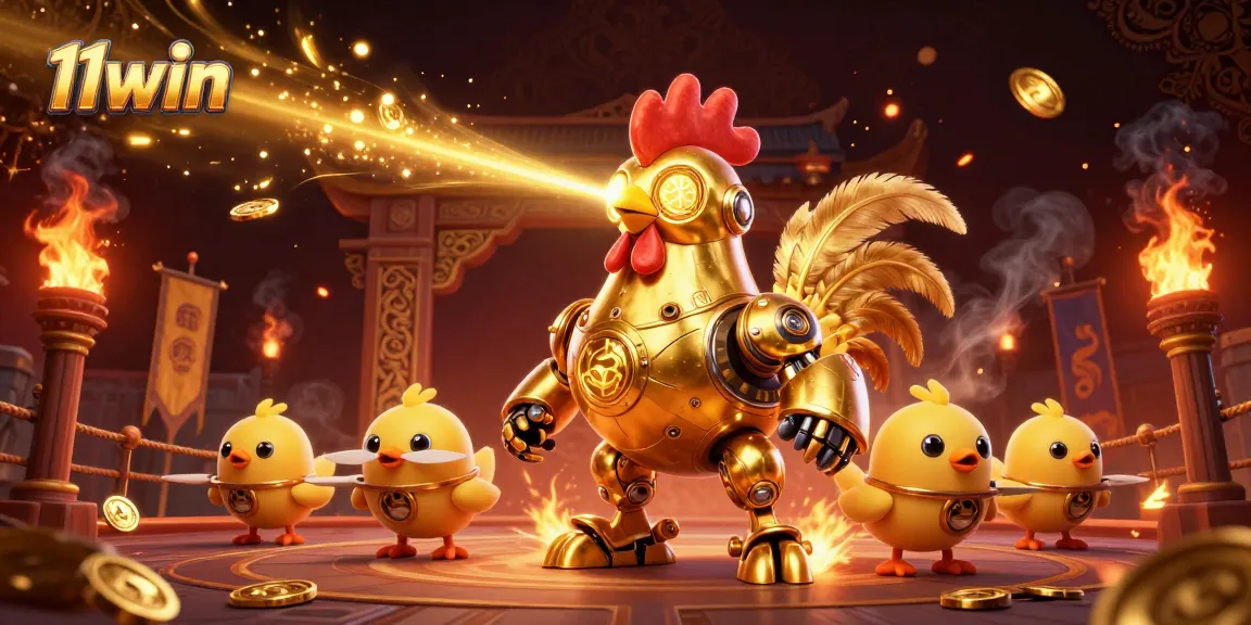 Experience the thrill of 11win with a golden rooster robot and baby chick drones in an exciting casino scene.