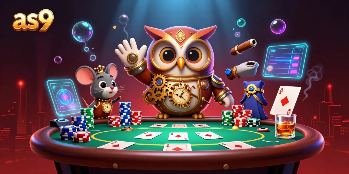Engage in thrilling casino insights with as9 in this dynamic 3D illustration of a steampunk owl and poker elements.