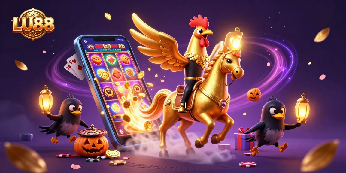 Experience vibrant LU88 gaming with a golden rooster hero amid slot reels and casino treasures.