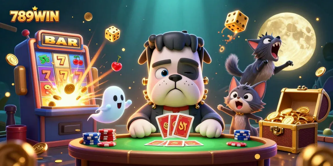 Engage with 789WIN in an exciting card game scene featuring unique characters and vibrant casino elements.