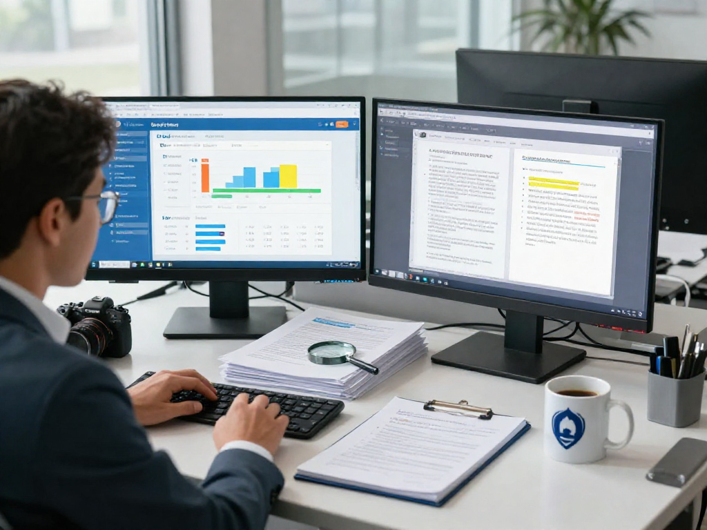 Document fraud detection analysis with a professional at a desk using advanced software to identify fraudulent documents.