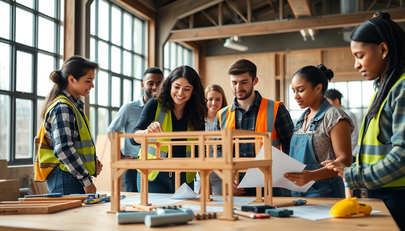 Students participating in construction education activities, learning hands-on in a workshop setting.