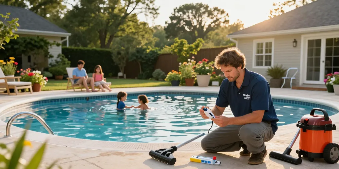 Dolphin Pool Services technician testing pool water quality while a family enjoys their swimming pool.