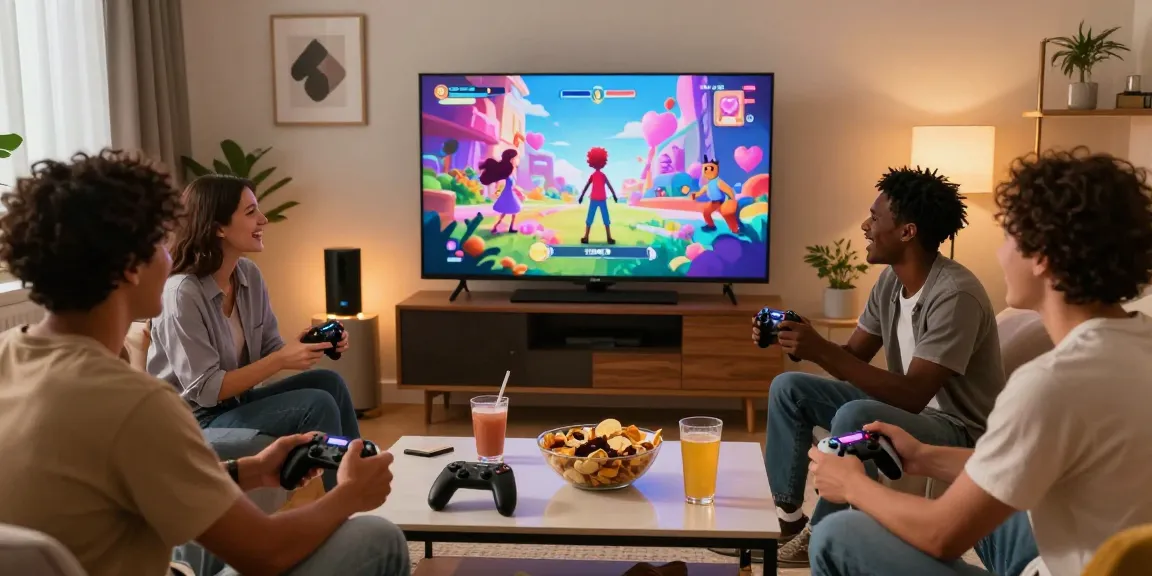Friends enjoying a fun adult game in a cozy gaming lounge with snacks and drinks.