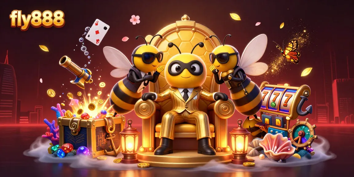 Engage with the vibrant world of fly888, featuring an energetic casino scene with gold and gems.