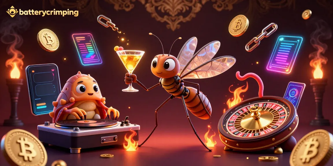 Experience the thrill of batterycrimping as a vibrant mosquito mascot engages with a trilobite DJ amidst casino elements.