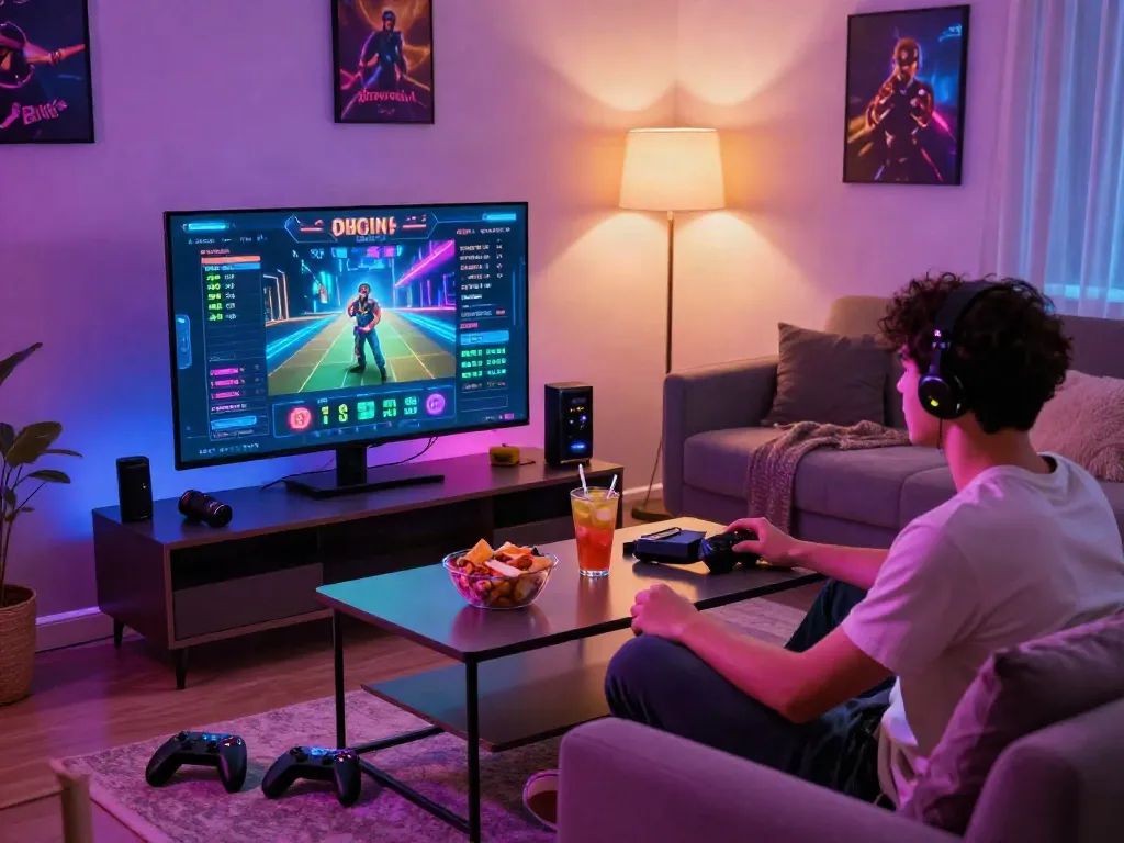 Engaging online gaming scene featuring Link M88 in a modern living room with vibrant ambiance.