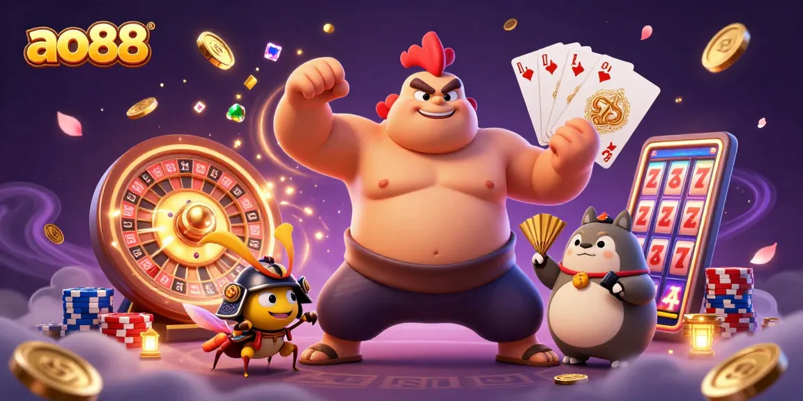 ao88 casino scene with a powerful sumo wrestler, cricket fighter, and tanuki announcer. Experience the action!