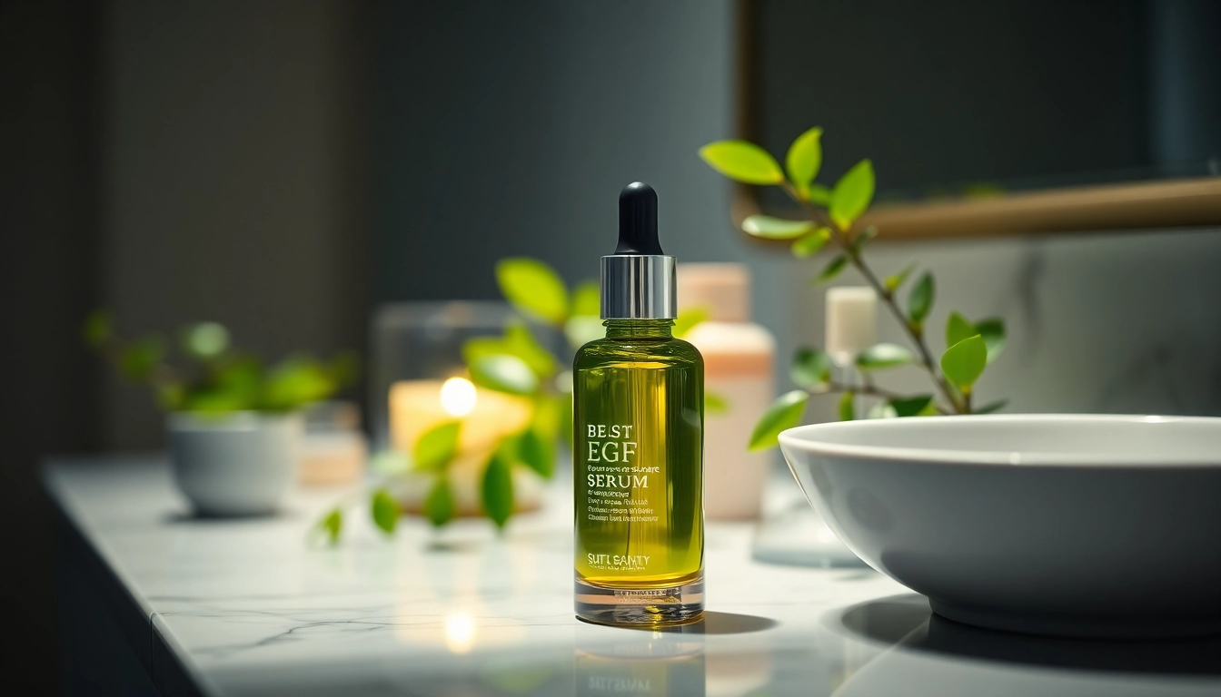 Apply the best EGF serum for radiant skin, showcased elegantly on a marble vanity.