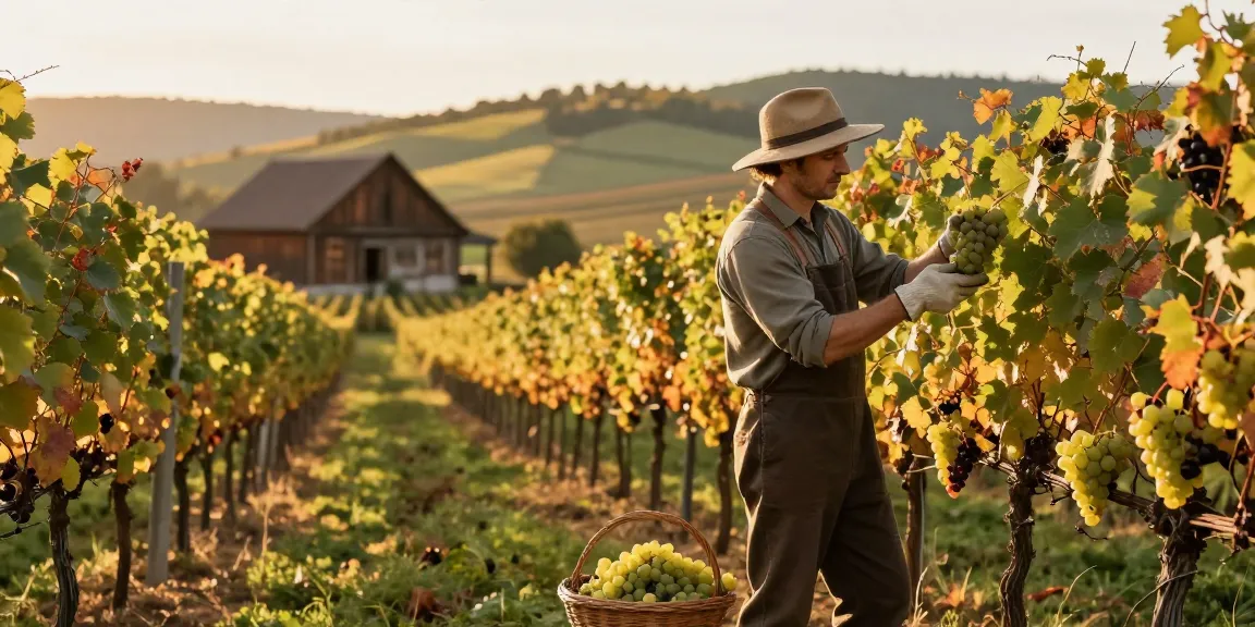 Winemaker inspecting grapes at Chattoowines vineyard during golden hour harvest.