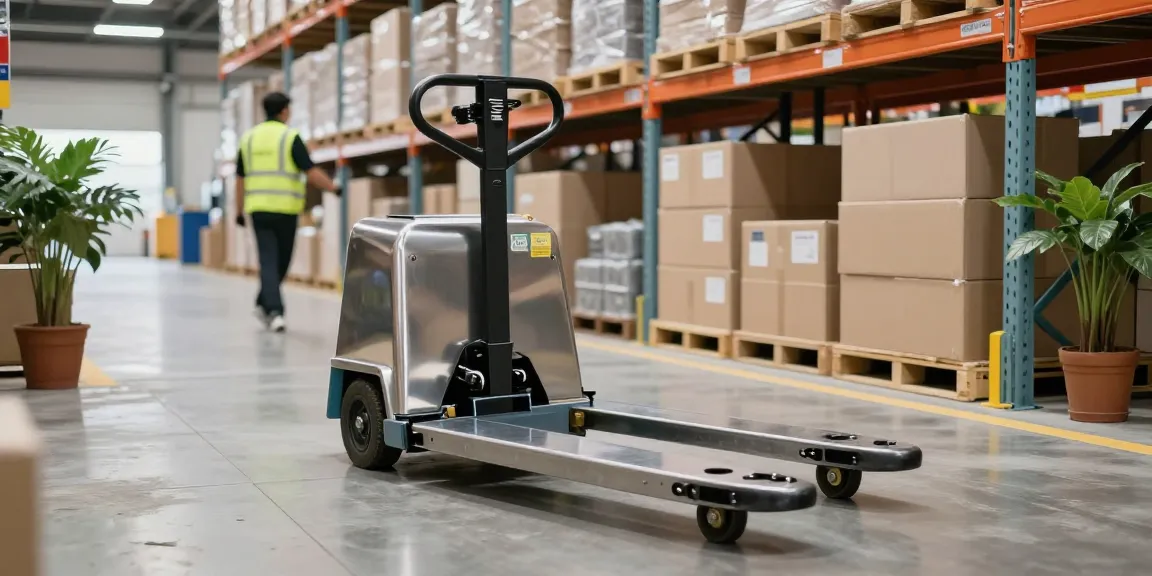 Stainless steel pallet truck in a modern warehouse setting, showcasing efficiency and safety in material handling.