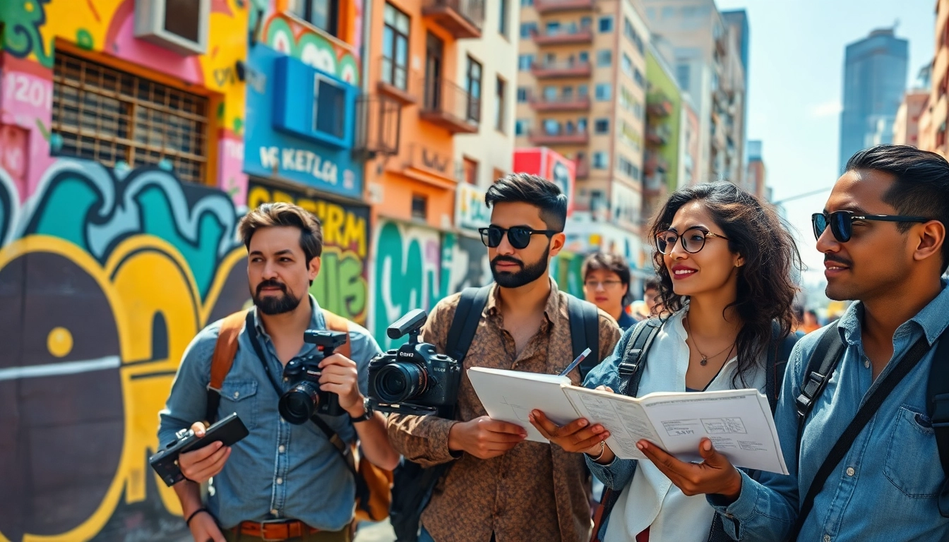 Location scouting professionals evaluating vibrant urban locations with creative tools.