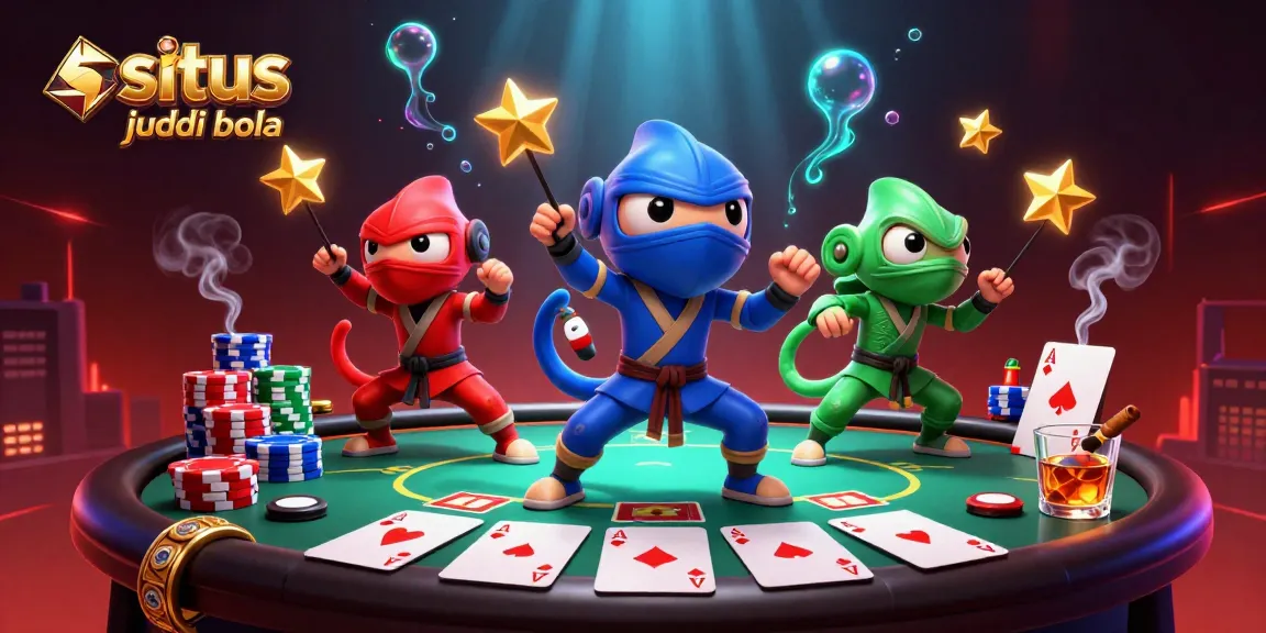 Experience situs judi bola action with ninja chameleons and vibrant poker elements in this dynamic scene.