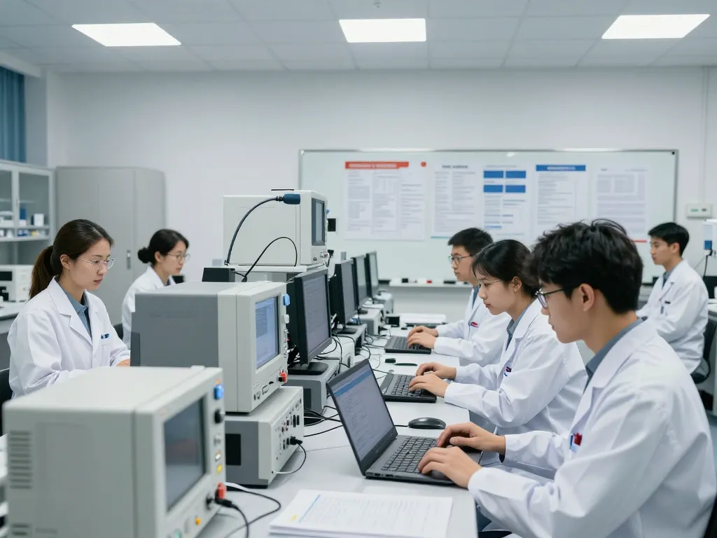 Engineers conducting EMC testing for TCB submission in a professional lab setting.