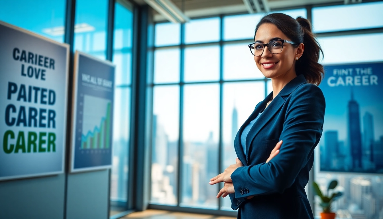 Empowering professional woman illustrating her journey towards an ideal career in a modern office.