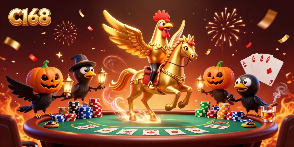 C168 celebrates big wins in a vibrant casino scene filled with poker elements and festive effects.