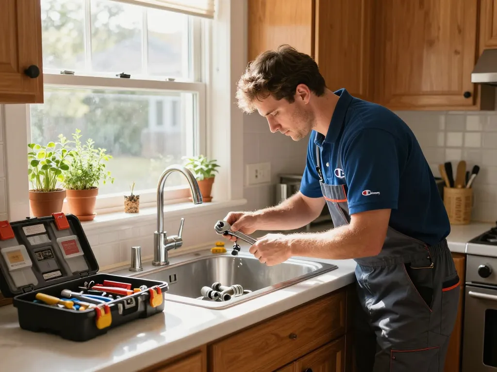 Expert plumber demonstrating dedicated pages for plumbing services in a bright residential kitchen, showcasing efficiency and home care.