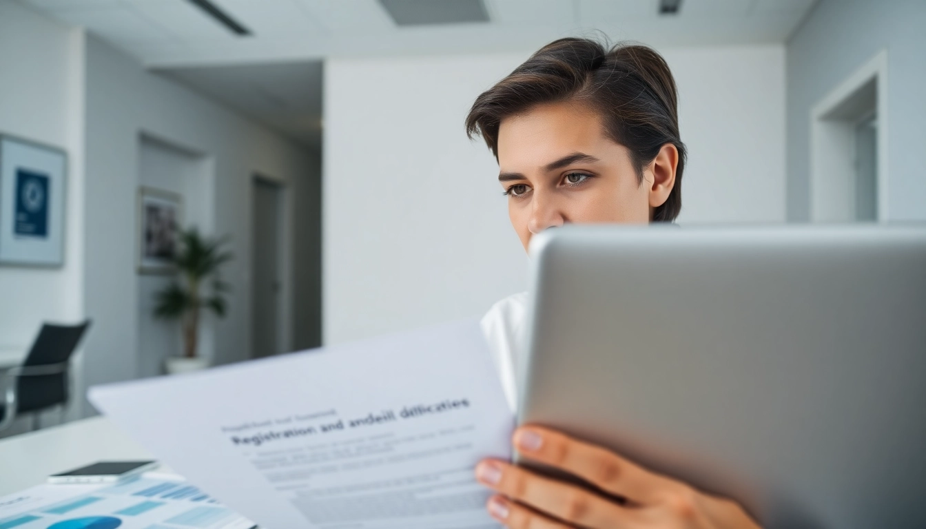 Consultant reviewing registration and certification in Federal databases paperwork in a modern office.