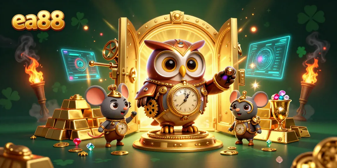 Experience thrilling moments at ea88 with the time-traveling owl and clockwork mouse in a vibrant casino scene.