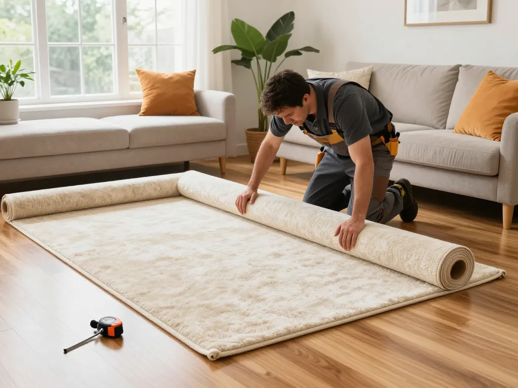 Professional carpet fitter near me laying plush carpet in a bright living room with vibrant decor.