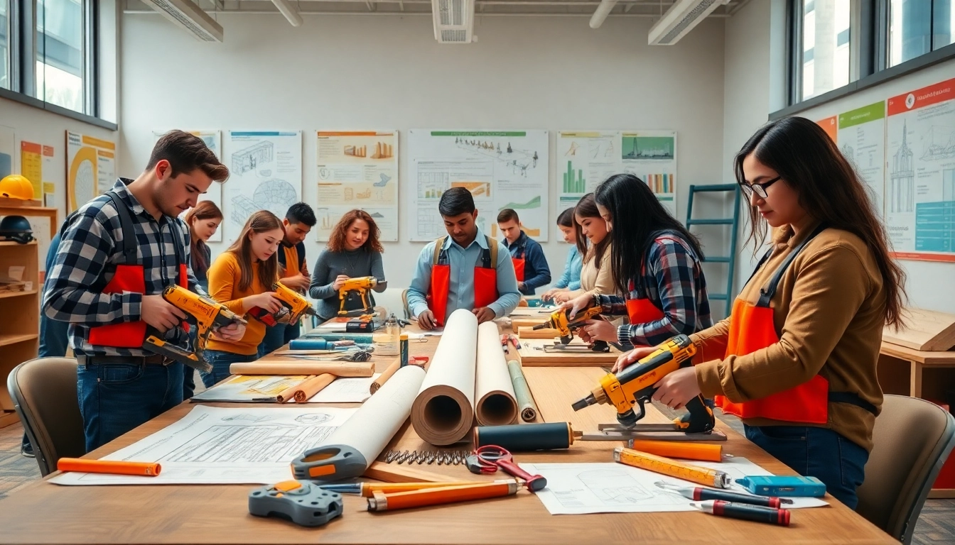Students actively participating in construction classes, showcasing hands-on learning and teamwork.