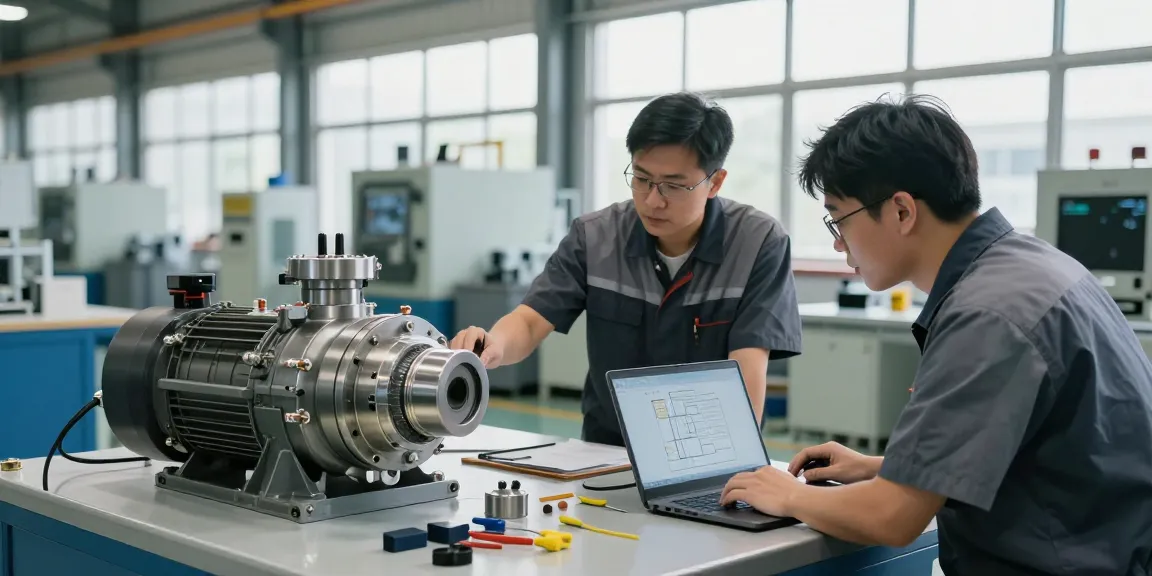 Engineers examining a magnetic drive pump in an industrial factory setting.