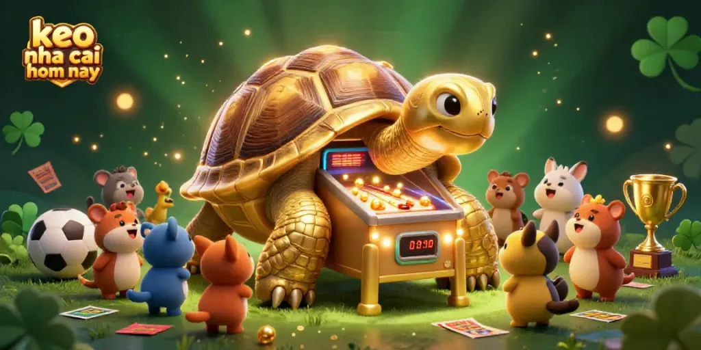 Bet on keo nha cai hom nay with a colorful scene featuring a golden tortoise and sports betting elements.