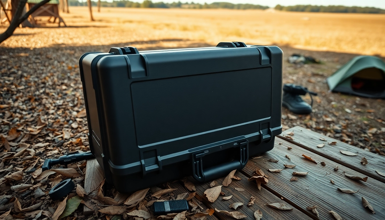 Browse the durable pelican gun case for sale alongside rugged outdoor gear on a rustic table.
