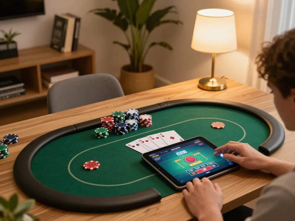 Engaging in online gambling at home with LC88 poker game on tablet, cozy atmosphere