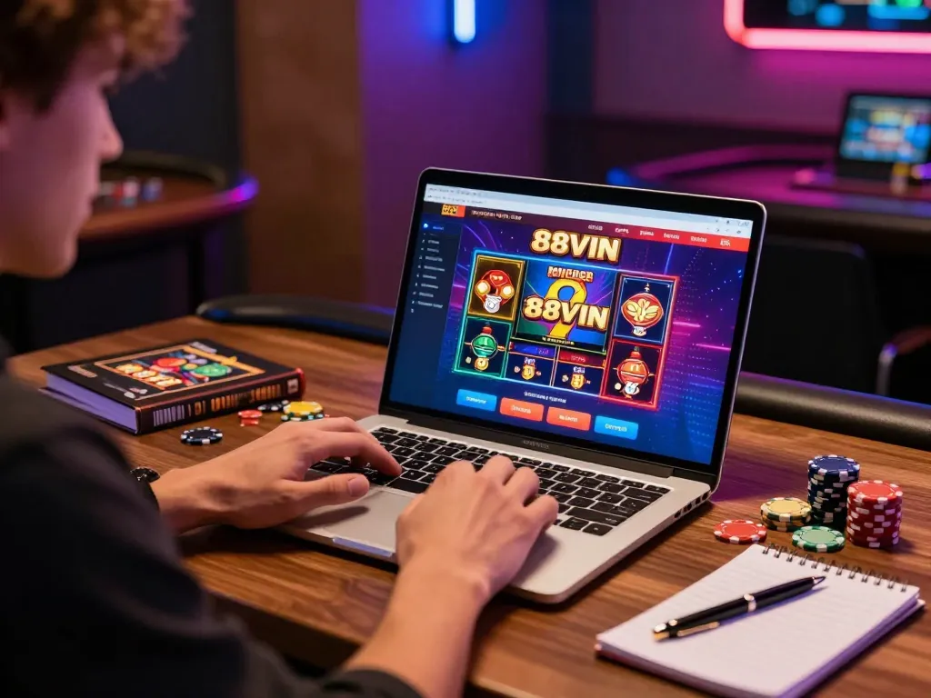 Engaged gamer exploring 88VIN's online casino on a stylish laptop, emphasizing strategic play.