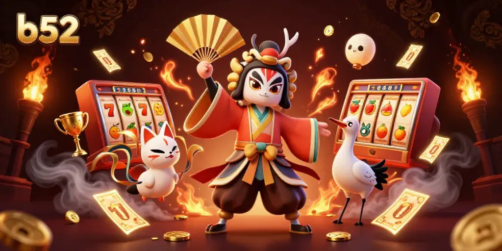 Experience thrilling b52 casino game action with a kabuki warrior and kitsune amidst dynamic slot elements.