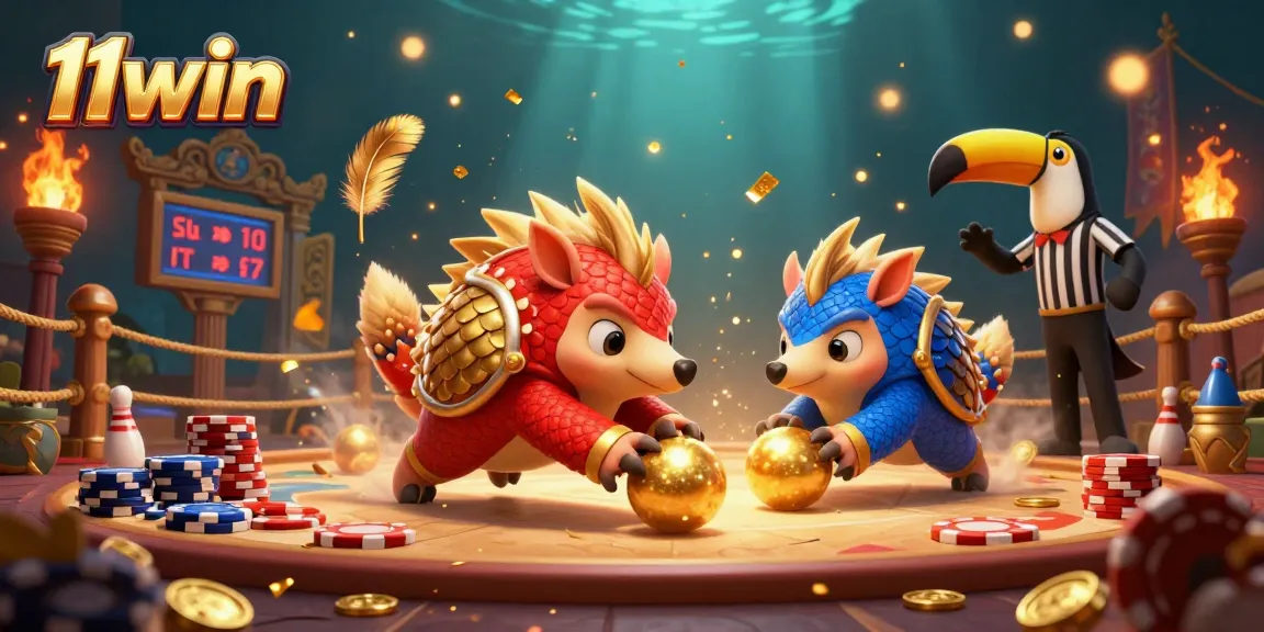 Experience the thrilling 11win casino adventure with vibrant pangolins amidst golden poker chips and a toucan referee.
